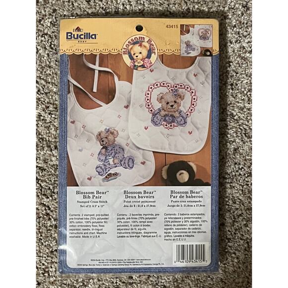 Vintage BUCILLA Blossom Bear Bib PAIR Stamped Cross Stitch KIT 2004 ONS #43415 - Picture 1 of 5
